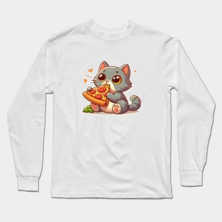 cute cat fat eat pizza slice cartoon illustration Long Sleeve T-Shirt